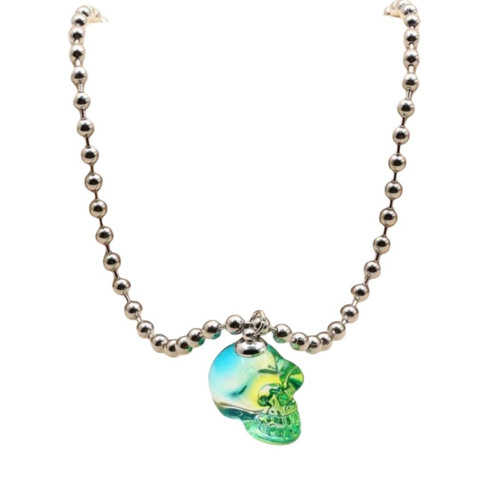Unisex Green Glass Skull Pendant Necklace